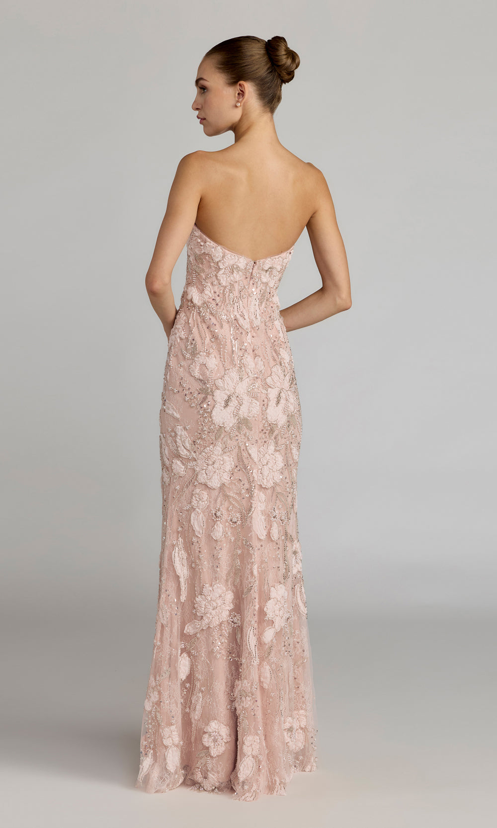 Mac Duggal 21283 blush pink prom gown back view, fully open back confirmed, lace mesh with 3D floral appliqués, strapless fitted silhouette, evening gown
