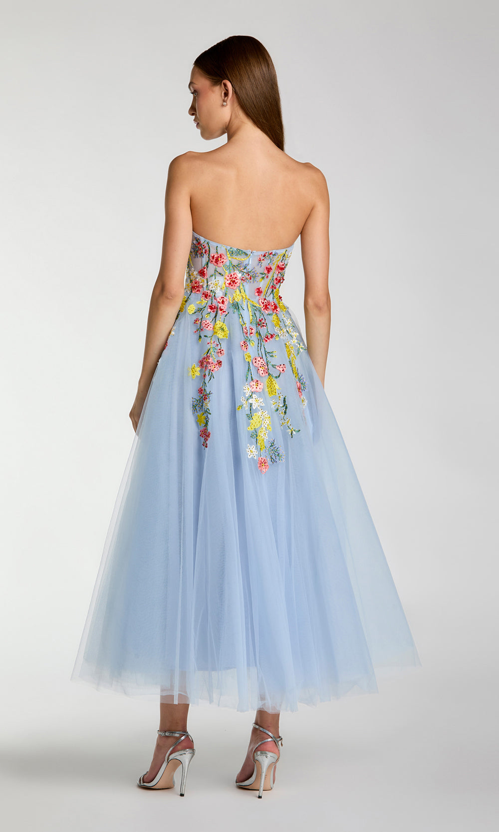 Mac Duggal 21304 Periwinkle Multicolor back view prom gown with tulle, fully open back, a-line tea-length silhouette, sweet 16 ball gown