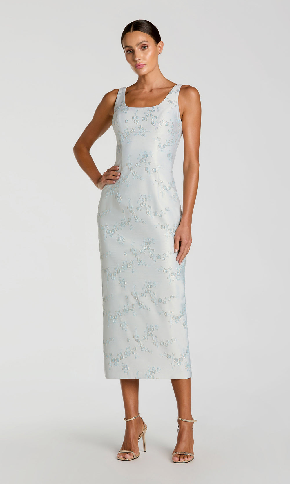 Mac Duggal 21377 blue multicolor floral jacquard sheath tea-length evening dress front view, metallic woven pattern, scoop neckline, cocktail party dress