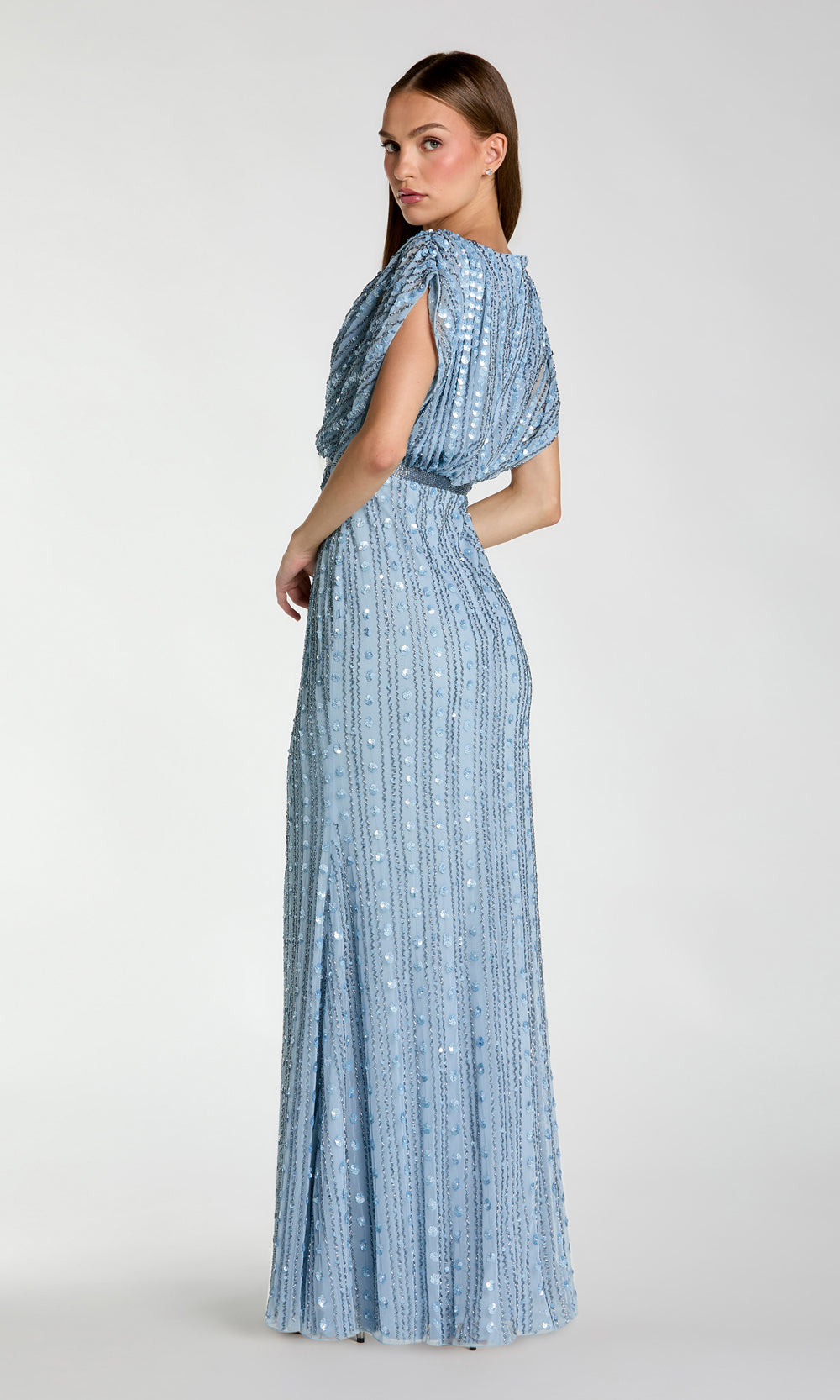 Mac Duggal 23081 Periwinkle back view fully-beaded sequin mesh long gown with high back cap sleeves empire waist band and vertical ric-rac beading gala gown styled for prom