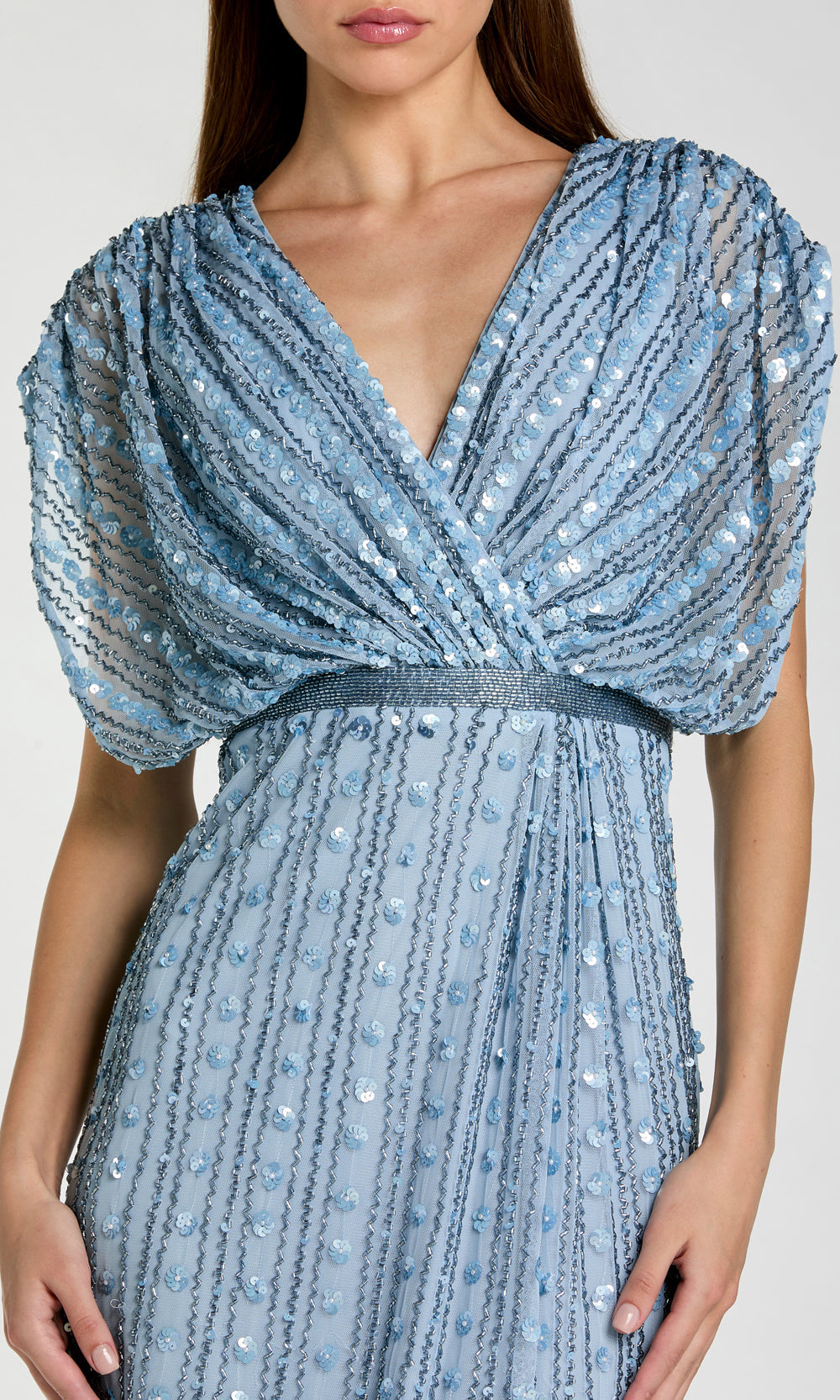 Mac Duggal 23081 Periwinkle detail view sequin seed beading and embroidered ric-rac vertical stripe surface on mesh base at empire waist band formal prom gown evening gown
