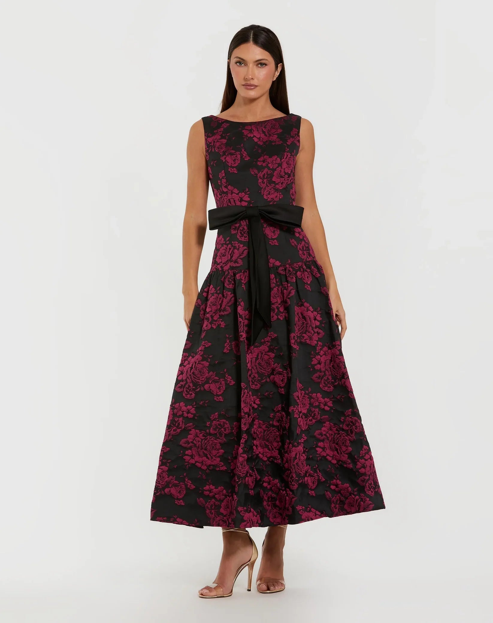 Mac Duggal - Black Brocade Drop Waist Midi Dress With Satin Bow