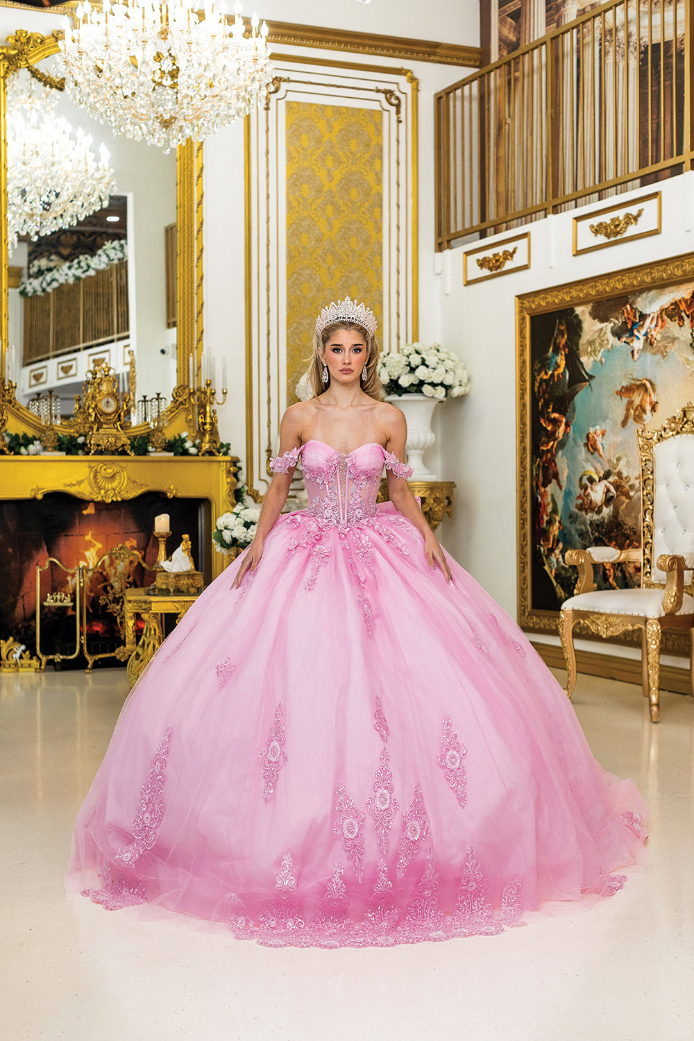 Dancing Queen DQ5000 — Off-the-Shoulder Floral Appliqué Quinceañera Ball Gown