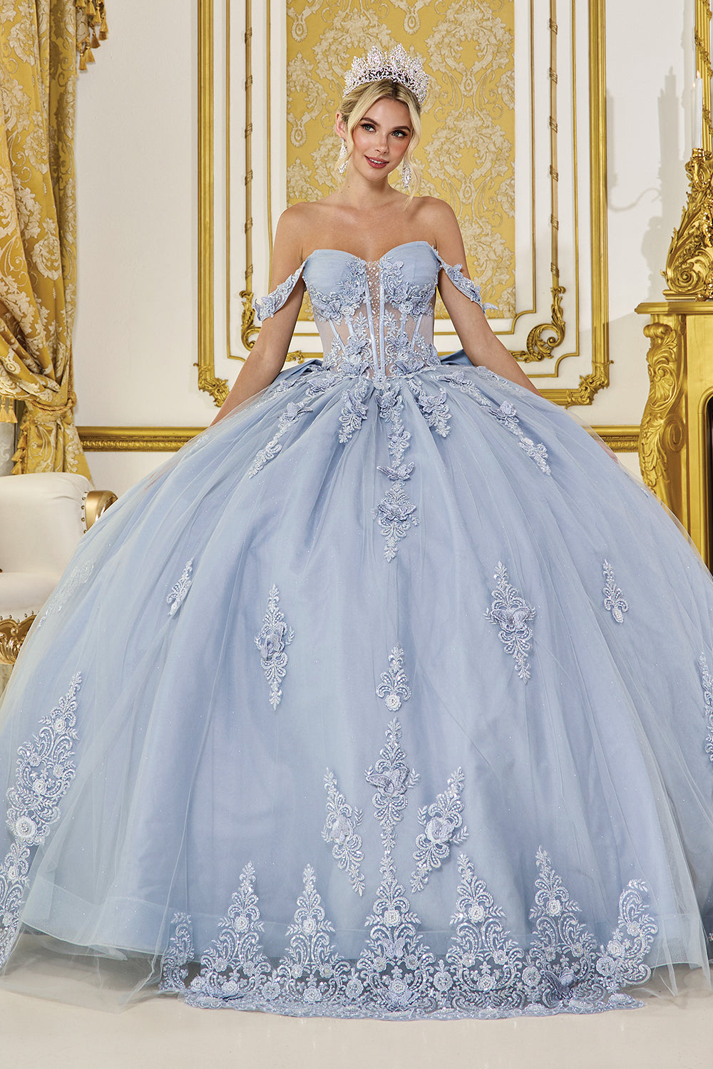 Dancing Queen DQ5000 — Off-the-Shoulder Floral Appliqué Quinceañera Ball Gown