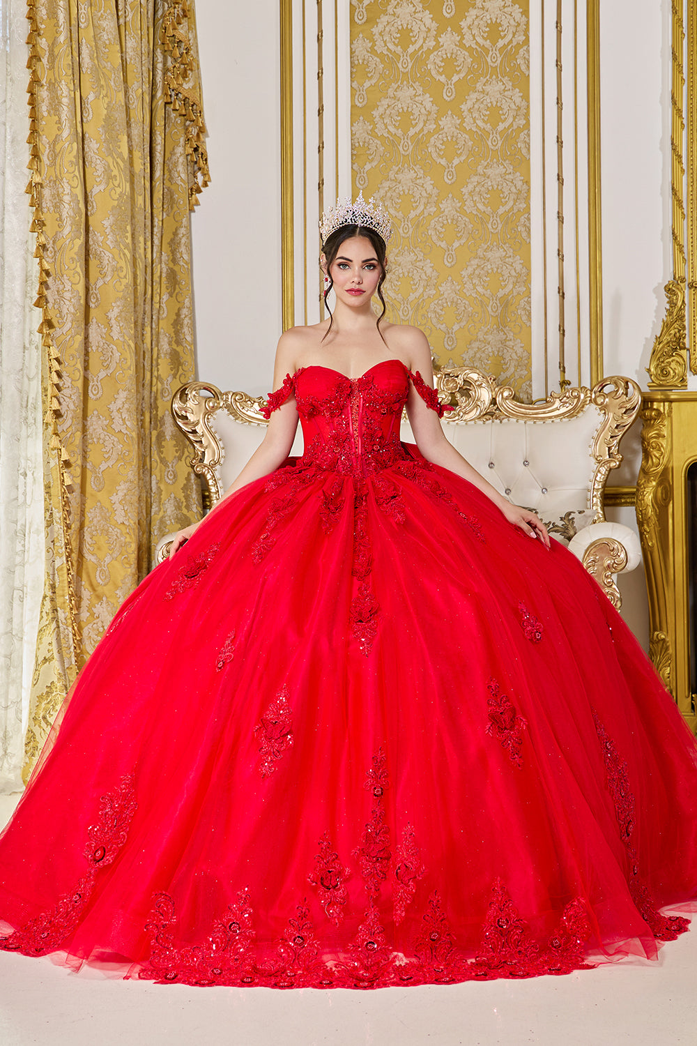 Dancing Queen DQ5000 — Off-the-Shoulder Floral Appliqué Quinceañera Ball Gown