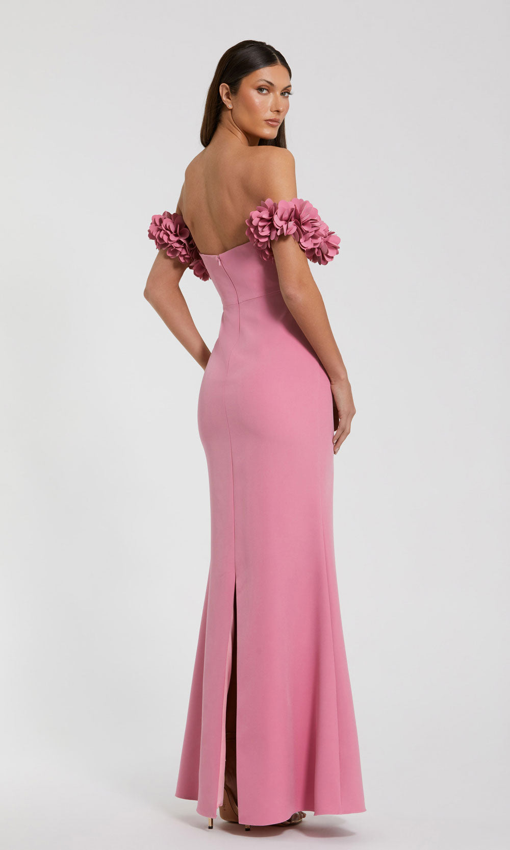 Mac Duggal 56131 rose-pink back view prom gown with fully open back, smooth stretch jersey skirt, structured sweetheart bodice, black-tie event dress