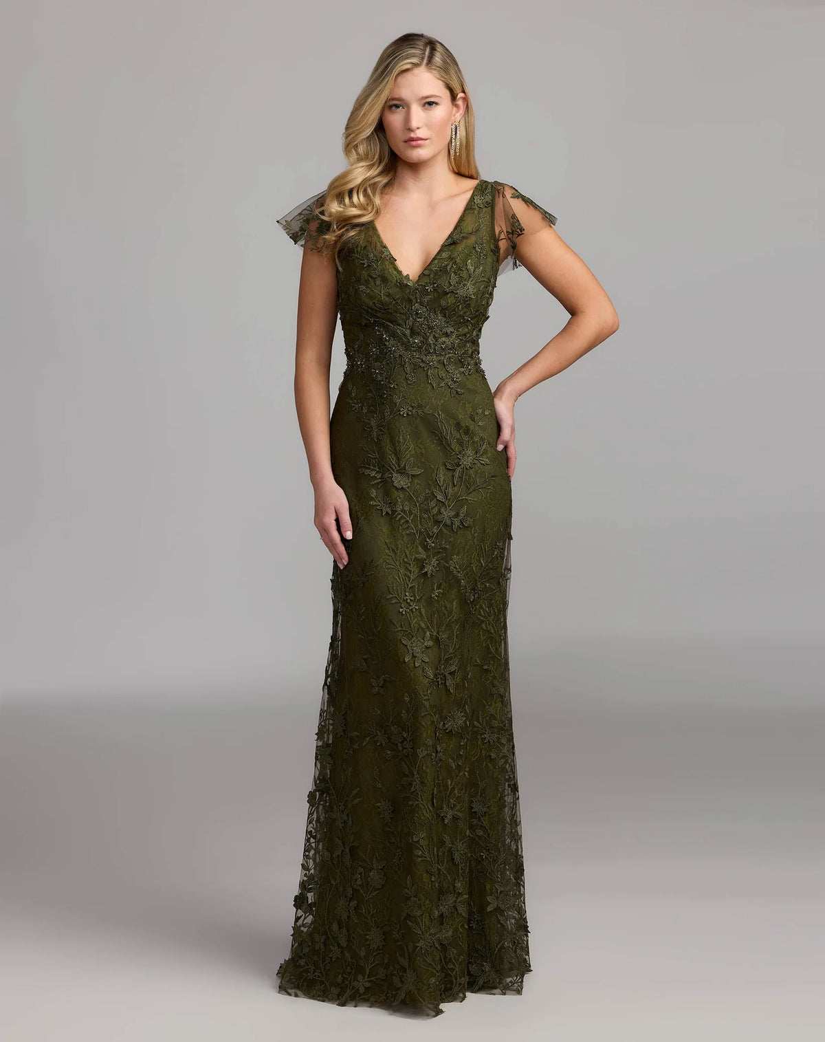 Mac Duggal 68192 Lace V-Neck Fit-and-Flare Floor-Length Gown with Sweep Train