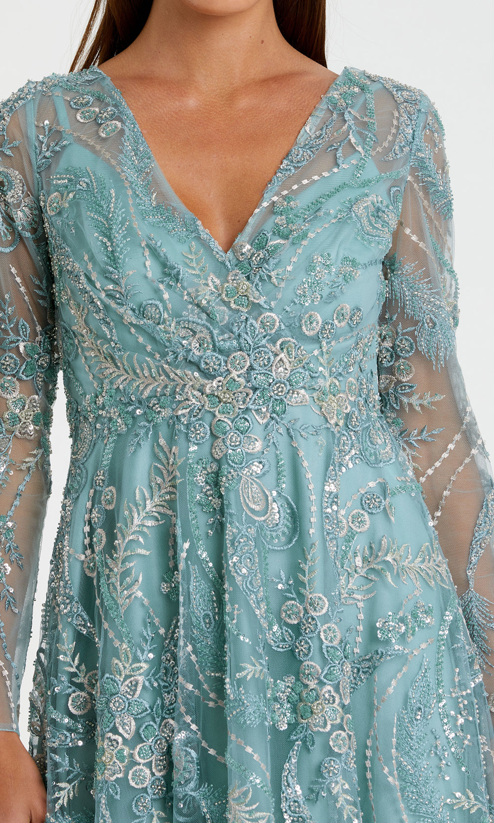 Mac Duggal 68915 Seafoam Green detail view evening dress with 3D floral appliqués at waist, beaded botanical embroidery, sequin-threaded mesh, gala gown