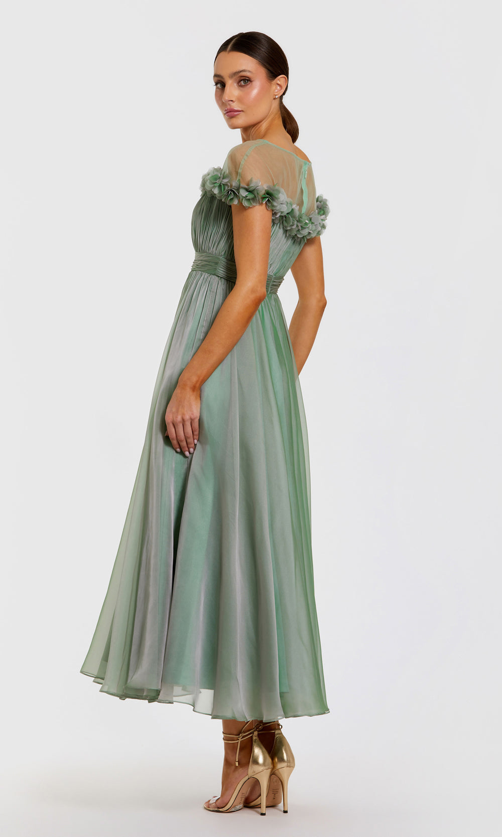 Mac Duggal 68966 Sage Green back view evening gown with sheer mesh illusion high-back panel, floral shoulder clusters, gathered chiffon skirt, wedding guest dress