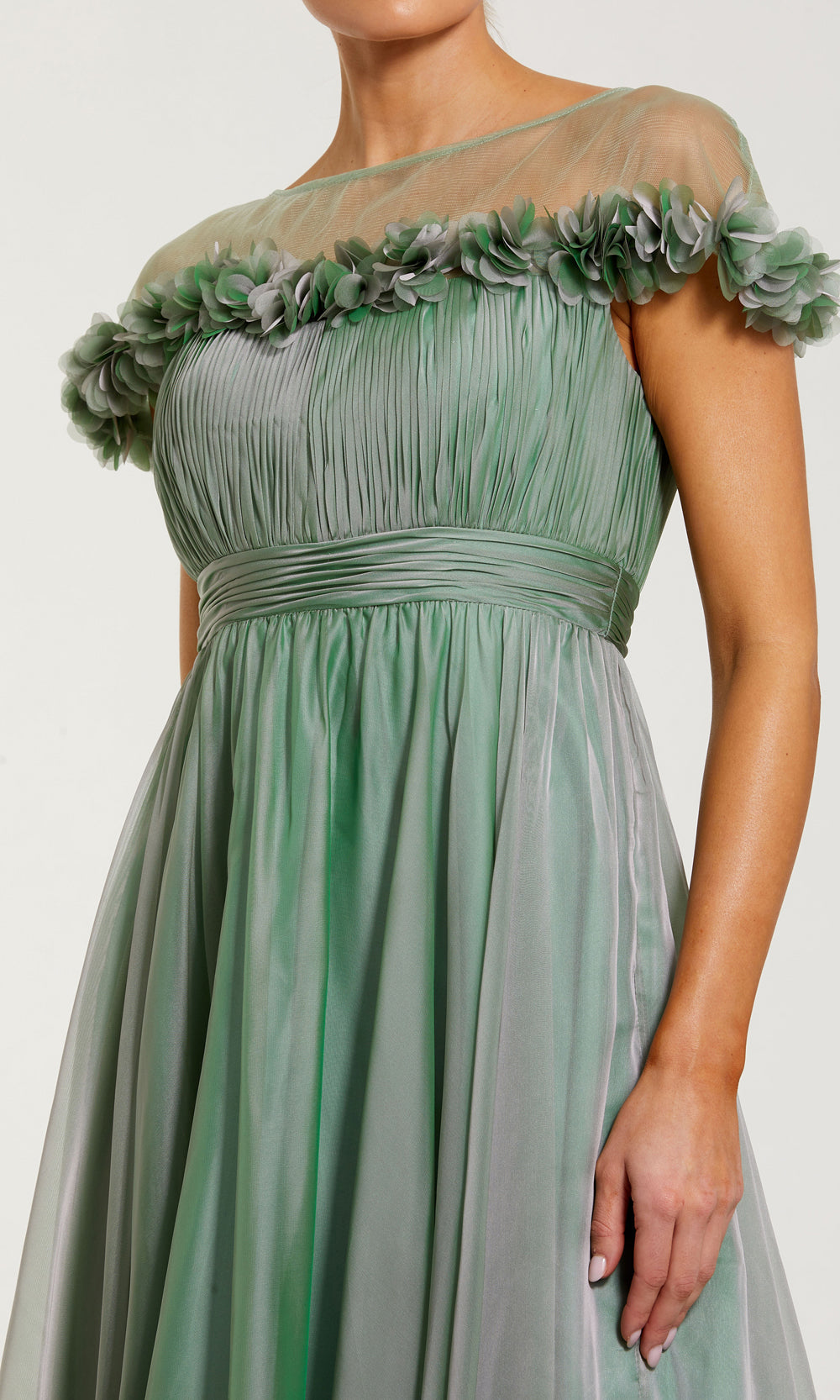 Mac Duggal 68966 Sage Green detail view evening gown with three-dimensional floral petal appliqués, illusion mesh yoke edge, iridescent chiffon, semi-formal party dress