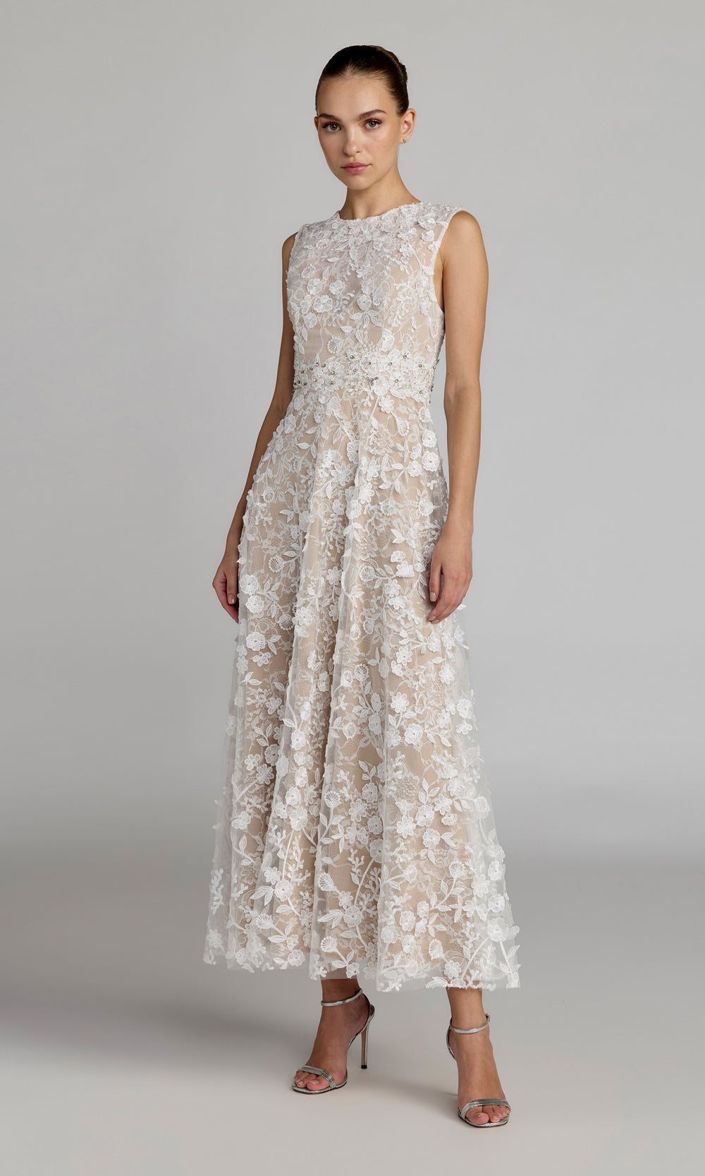 Mac Duggal 69192 champagne beige front view wedding guest dress with 3D floral lace, crystal waist trim, tea-length a-line silhouette, black-tie event dress, wedding-guest ready