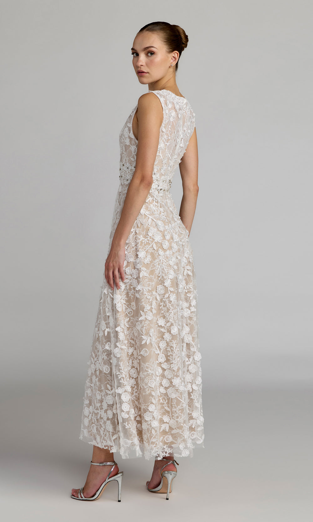 Mac Duggal 69192 champagne beige back view wedding guest dress with high-back floral lace, fully covered back, tea-length silhouette, formal wedding celebration dress styled for wedding-guest