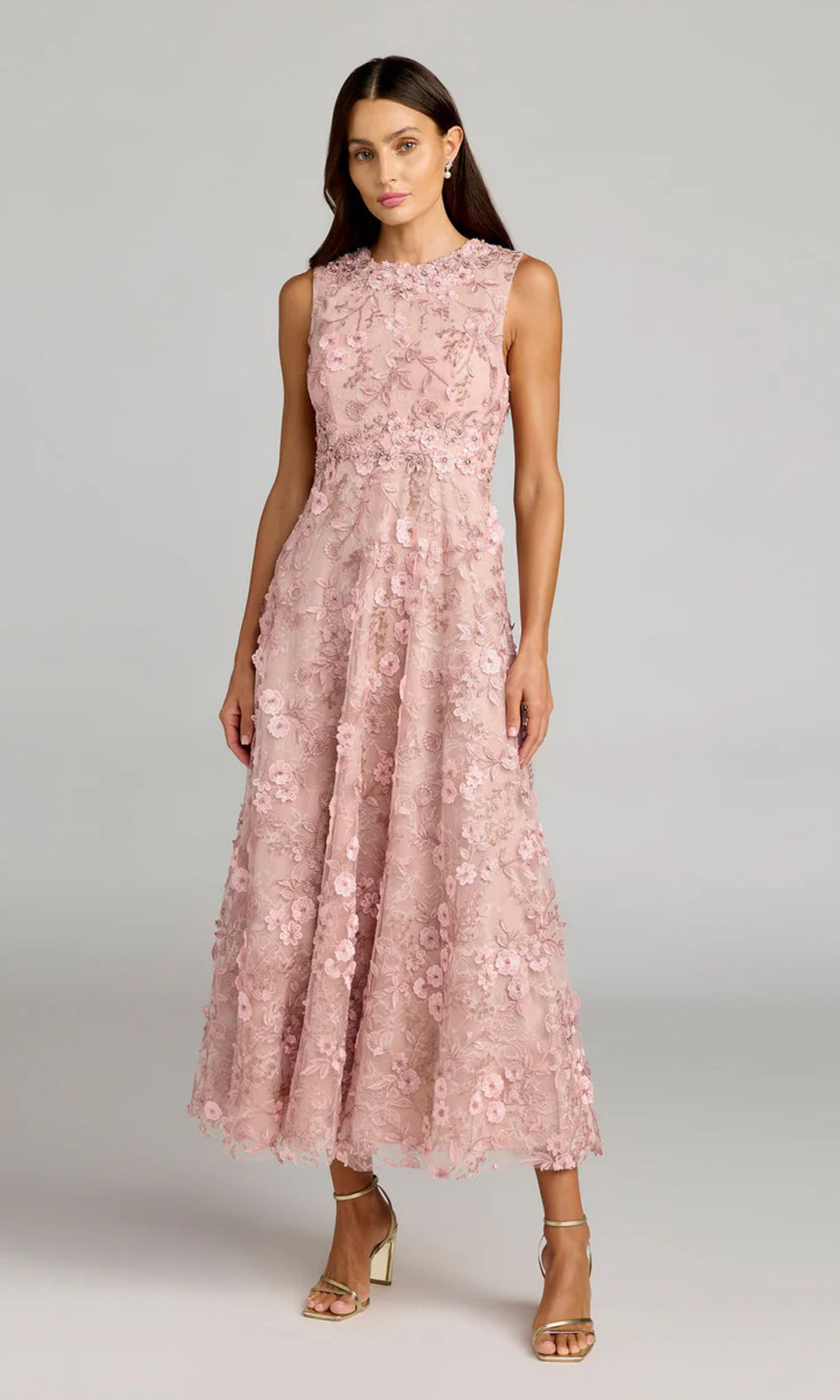 Mac Duggal 69192 rose pink front view wedding guest dress with 3D floral lace, high jewel neckline, tea-length a-line silhouette, mother of the bride styling made for wedding-guest nights