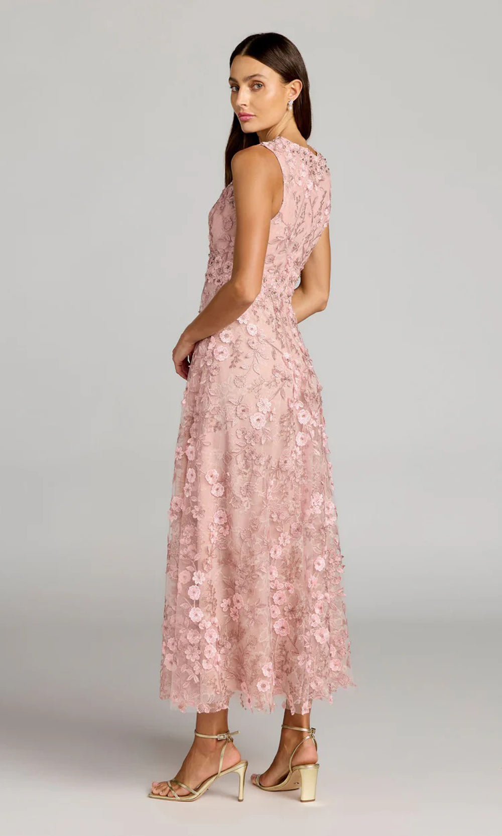 Mac Duggal 69192 rose pink back view wedding guest dress with fully covered high-back lace construction, tea-length silhouette, formal wedding celebration dress, wedding-guest season pick