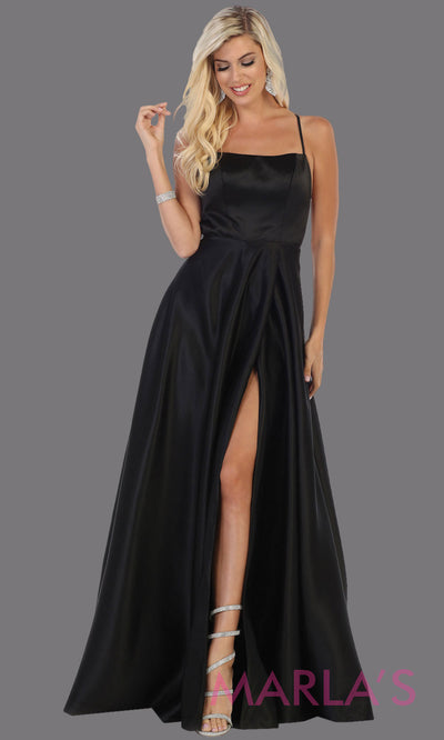Long black satin corset back dress with high slit from MayQueen RQ7711. This black prom evening gown is perfect for wedding guest dress, formal party dress, plus size dresses, engagement party, e shoot, engagement shoot, gala