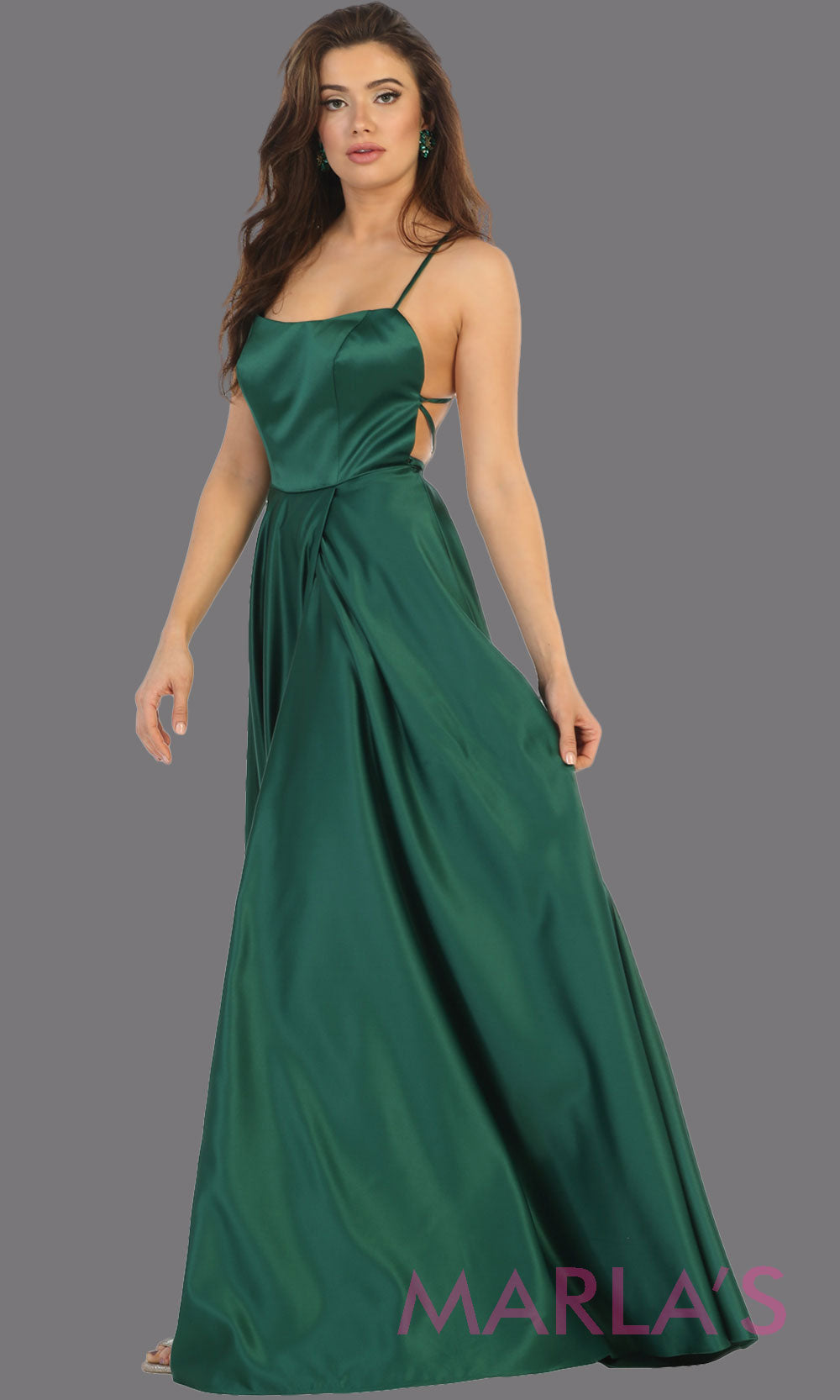 Long hunter green satin corset back dress with high slit from MayQueen RQ7711.This dark  green prom evening gown is perfect for wedding guest dress,formal party dress,plus size dresses, engagement party,eshoot, engagement shoot,gala