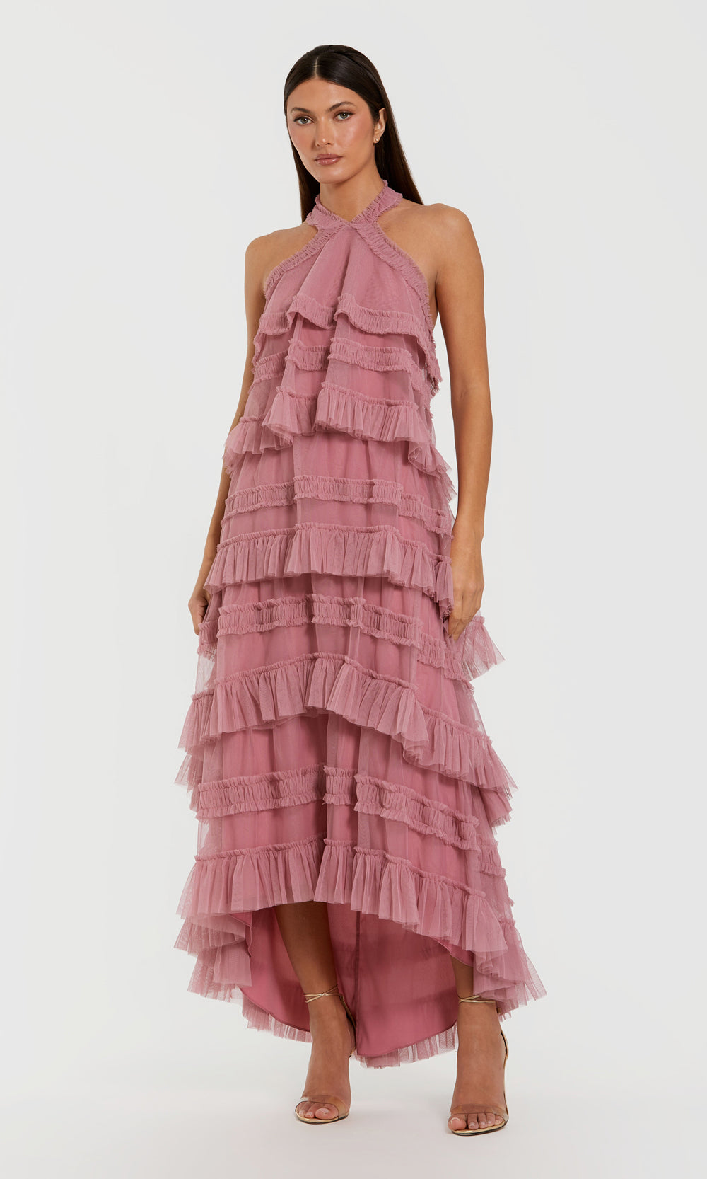 Mac Duggal 8276 Rose Pink prom dress front view with tiered ruffle tulle, halter cross-wrap neckline, high-low a-line silhouette, formal prom gown