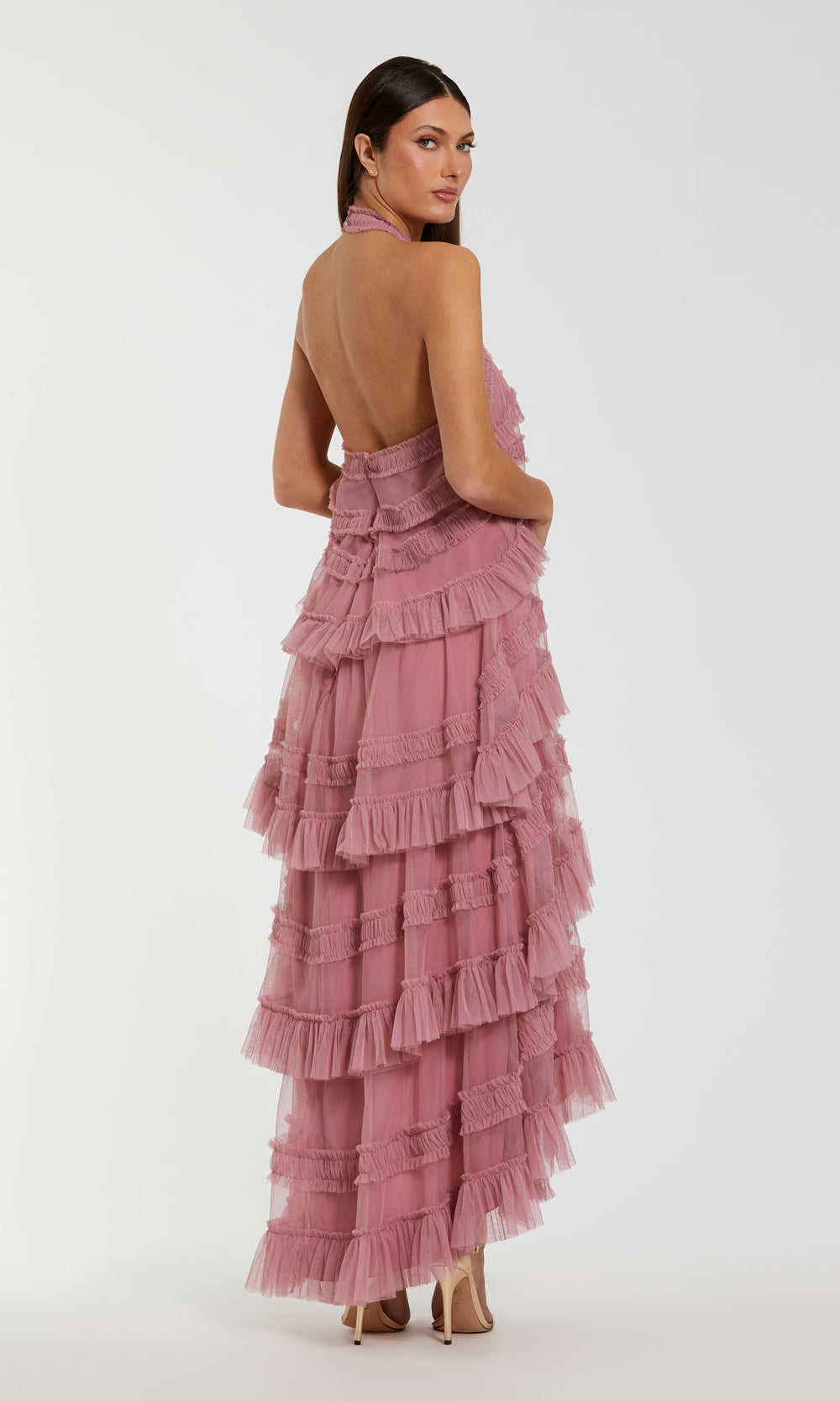 Mac Duggal 8276 Rose Pink prom dress back view with full open back, halter neck tie, mid-back waistband bow, tiered tulle ruffles, evening gown styling