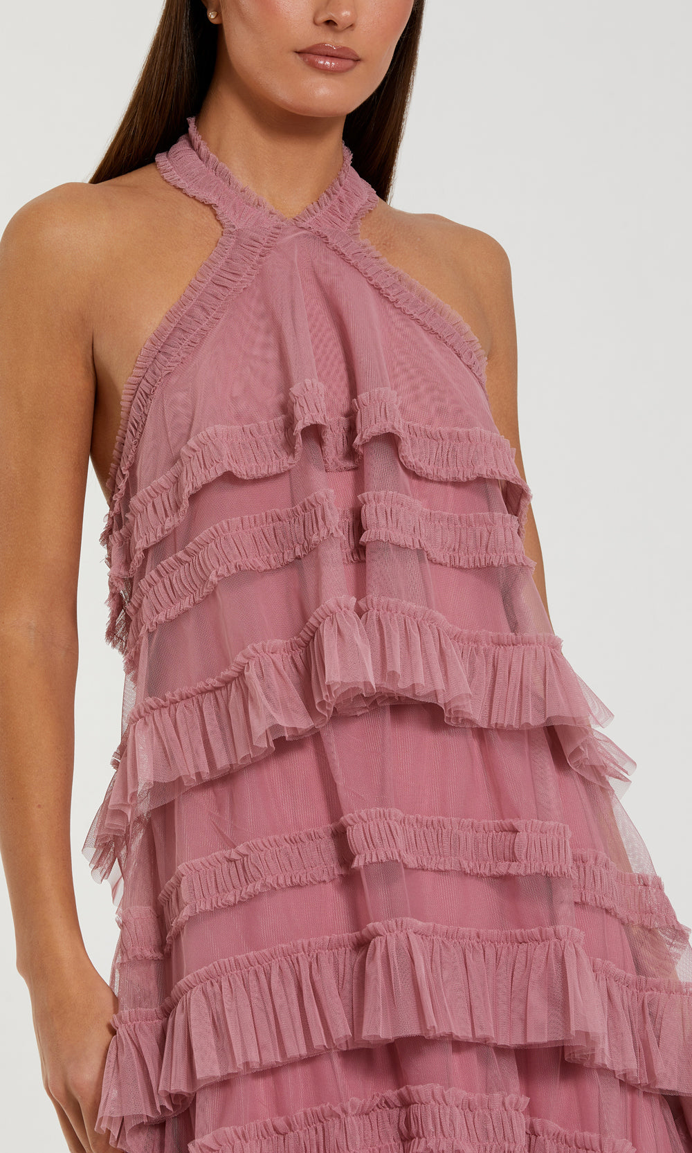 Mac Duggal 8276 Rose Pink prom dress detail view of halter neckline cross-wrap and tiered frilled tulle ruffles, a-line high-low semi-formal dance dress