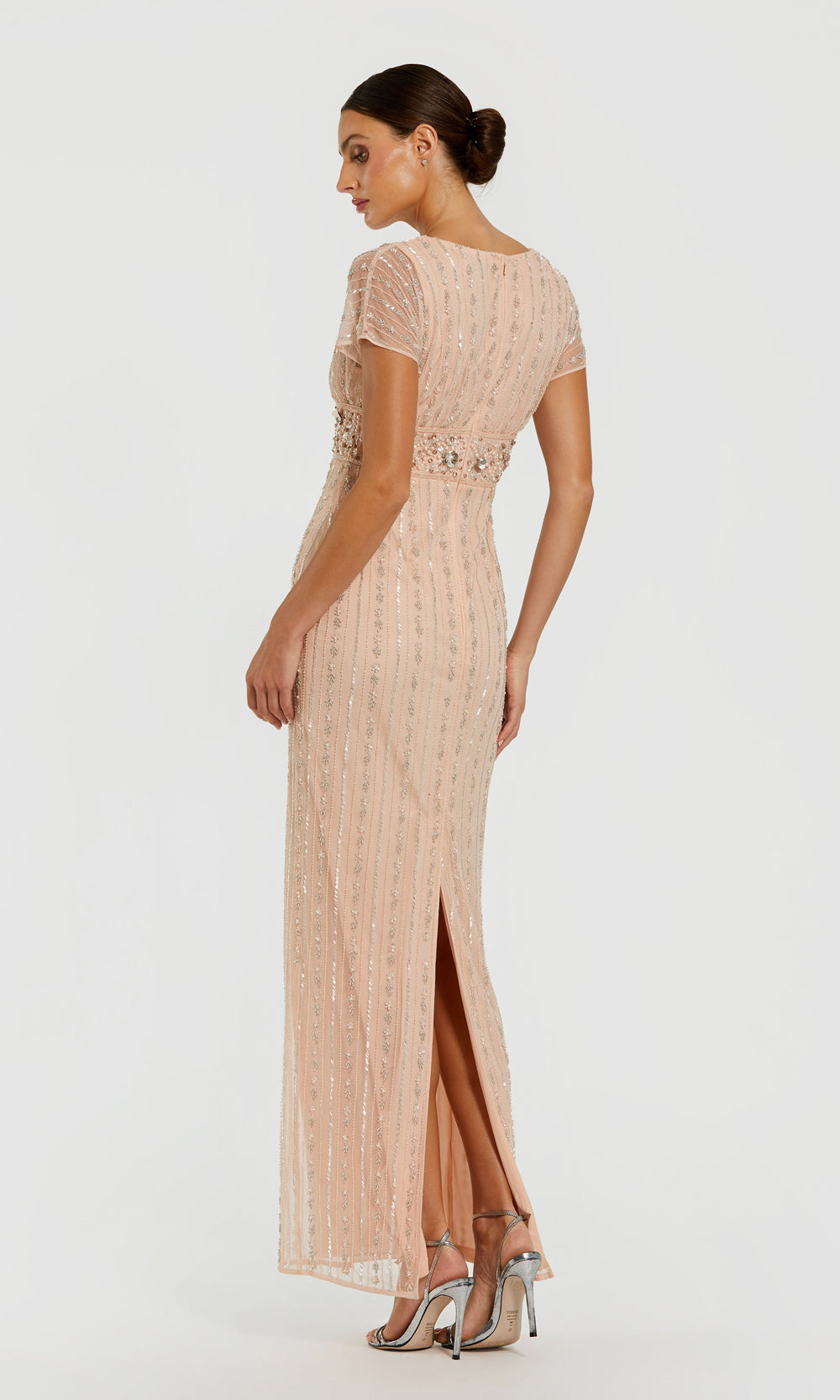 Mac Duggal 94147 Rose Pink champagne beige back view fully beaded fitted gown with high covered back, floor-length silhouette, mother of the bride styling styled for formal