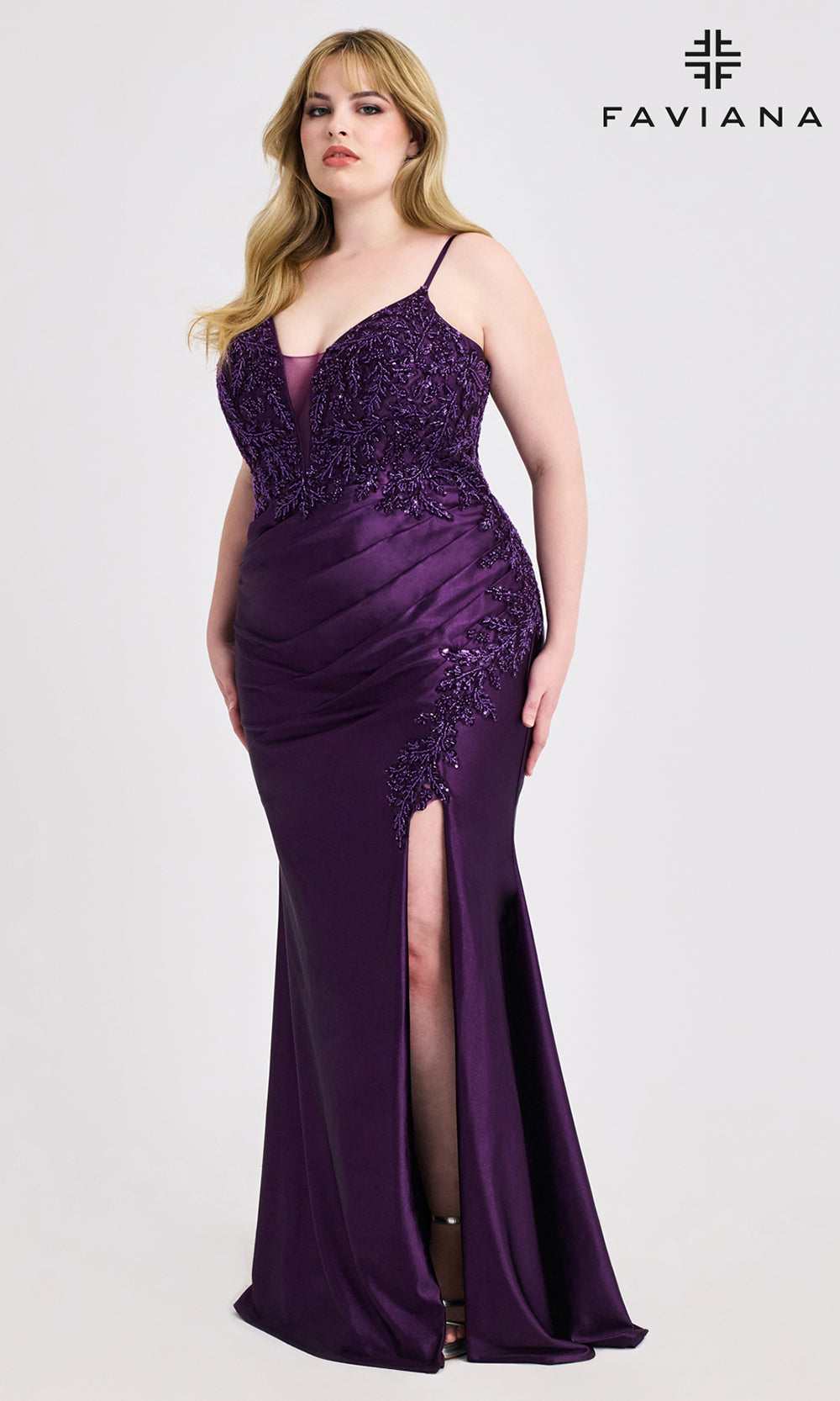 Purple evening gown with beaded details on a white background, featuring the Faviana brand.
