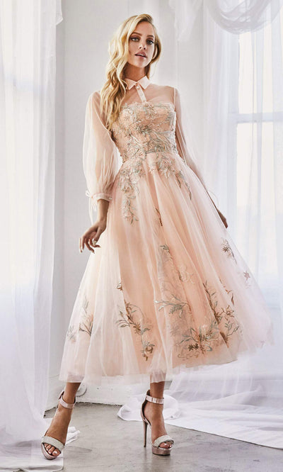 Andrea and Leo - A0862 Sassy High Collared A-Line Dress In Neutral and Pink