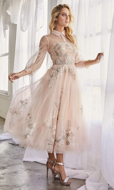 Andrea and Leo - A0862 Sassy High Collared A-Line Dress In Neutral and Pink