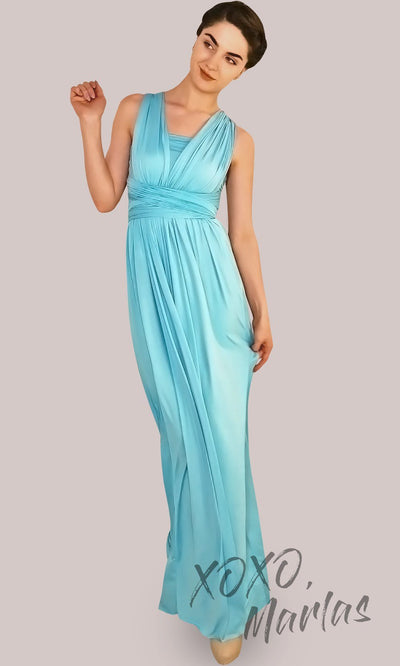 Long aqua blue infinity bridesmaid dress or multiway dress or convertible dress.One dress worn in multiple ways.This tiffany blue one size dress is great for bridesmaid, prom, destination wedding, gala, cheap western party dress, semi formal