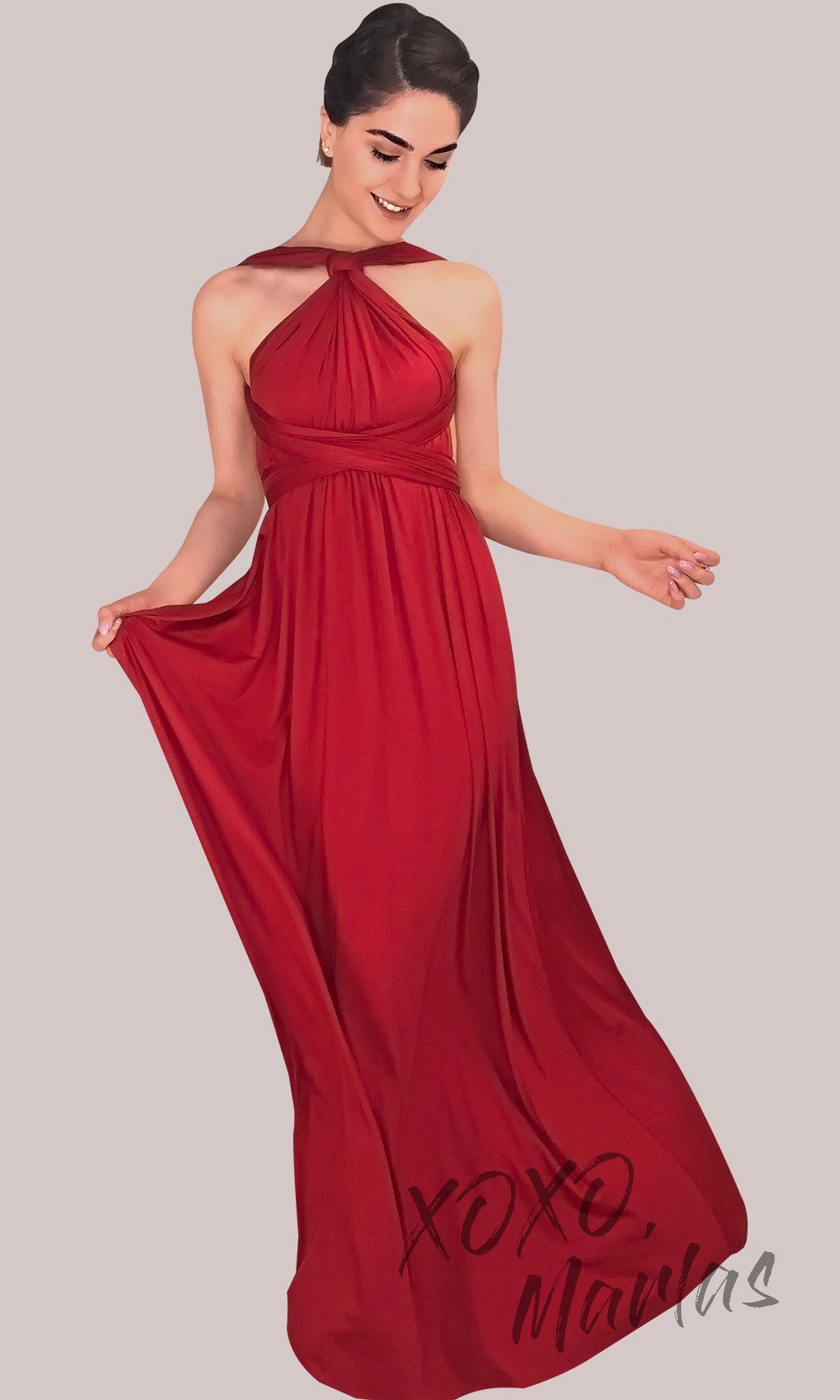 BLong red infinity bridesmaid dress or multiway dress or convertible dress.One dress worn in multiple ways.This red one size dress is great for bridesmaid, prom, destination wedding, gala, cheap western party dress, semi formal, cocktail, gala, formal