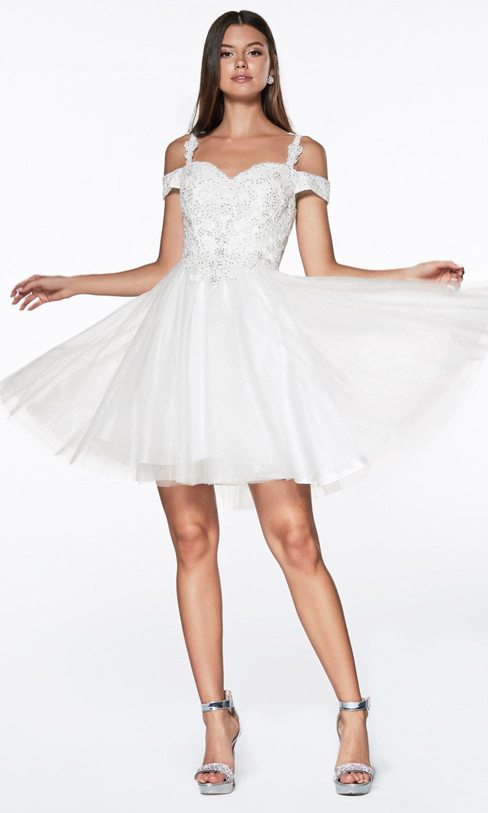 Ladivine - CD0132 Glitter Tulle A-Line Dress In White & Ivorygrade 8 grad dresses, graduation dresses