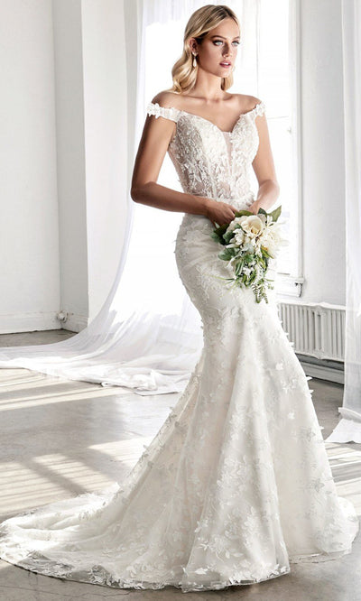 Ladivine - TY01 Trumpet Floral Embroidered Bridal Gown In White