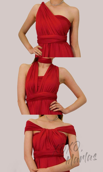 Long red infinity bridesmaid dress or multiway dress or convertible dress.One dress worn in multiple ways.This red one size dress is great for bridesmaid, prom, destination wedding, gala, cheap western party dress, semi formal, cocktail, gala, formal