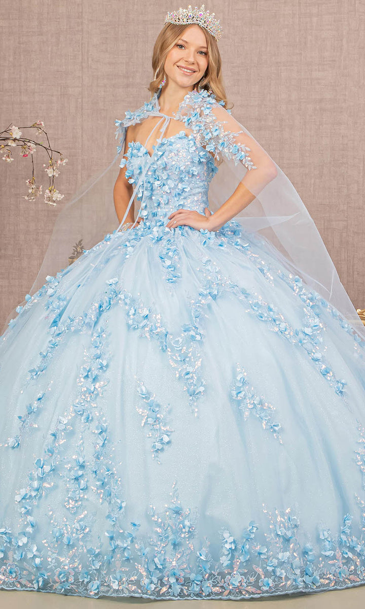 Blue Ball Gown Quinceanera Dresses Off Shoulder Long Sleeve Corset Sweep  Train