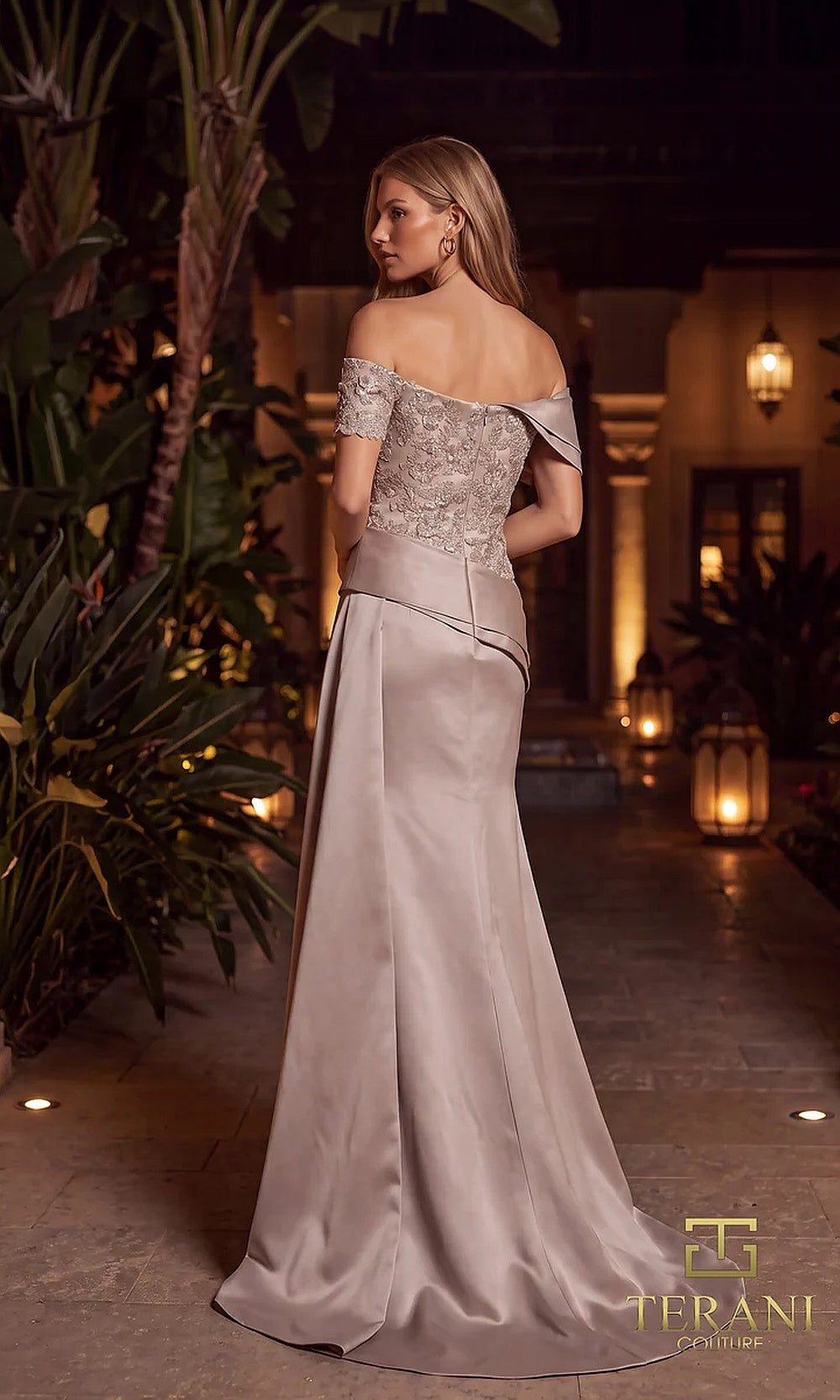 Terani Couture 262E7535 champagne beige evening gown back view with satin sweep train, structured covered back, embroidered lace bodice, evening gown