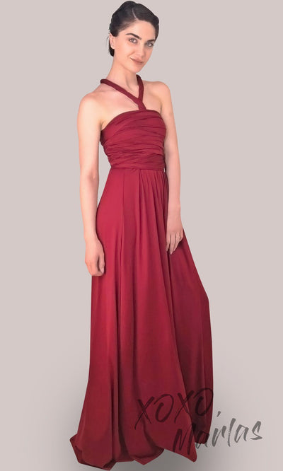 Long Burgundy infinity bridesmaid dress or multiway dress or convertible dress.One dress worn in multiple ways.This dark red one size dress is great for bridesmaid, prom, destination wedding, gala, cheap western party dress, semi formal, cocktail