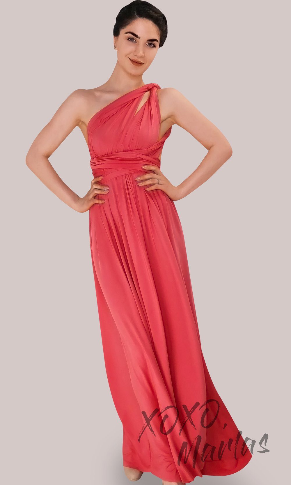 Long coral infinity bridesmaid dress or multiway dress or convertible dress.One dress worn in multiple ways.This orange peach one size dress is great for bridesmaid, prom, destination wedding, gala, cheap western party dress, semi formal, cocktail