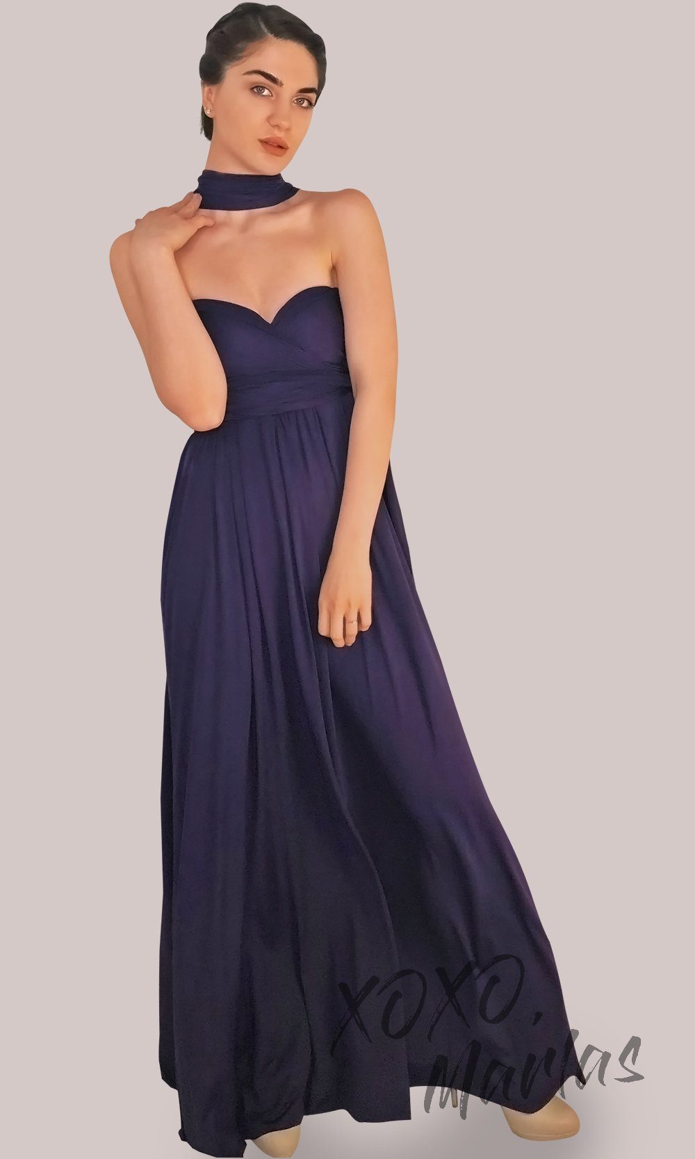 Long dark purple infinity bridesmaid dress or multiway dress or convertible dress.One dress worn in multiple ways.This eggplant one size dress is great for bridesmaid, prom, destination wedding, gala, cheap western party dress, semi formal, cocktail