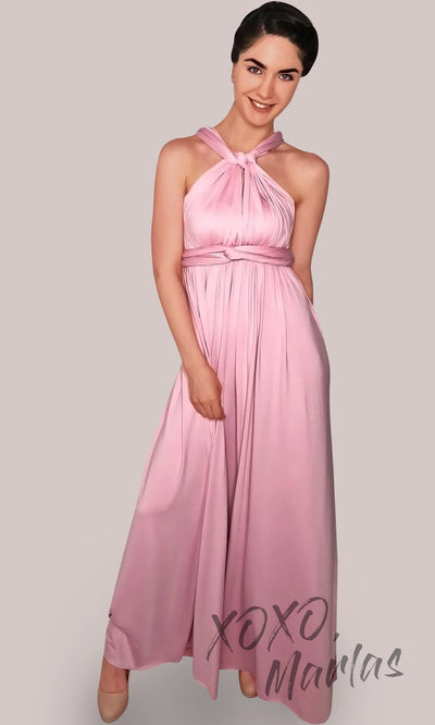Long dusty rose infinity bridesmaid dress or multiway dress or convertible dress.One dress worn in multiple ways.This pink rose one size dress is great for bridesmaid, prom, destination wedding, gala, cheap western party dress, semi formal, cocktail