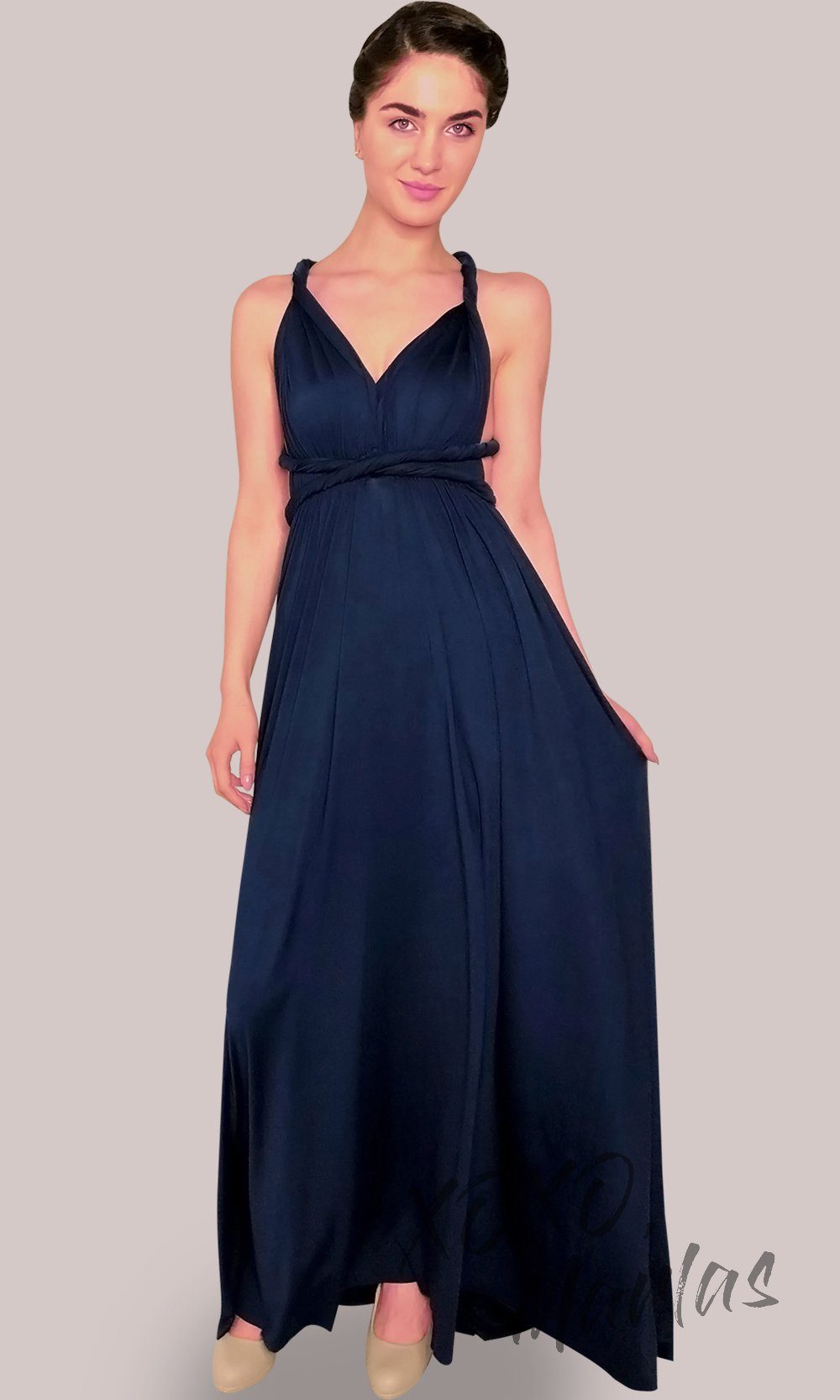 Long navy blue infinity bridesmaid dress or multiway dress or convertible dress.One dress worn in multiple ways.This dark blue one size dress is great for bridesmaid, prom, destination wedding, gala, cheap western party dress, semi formal