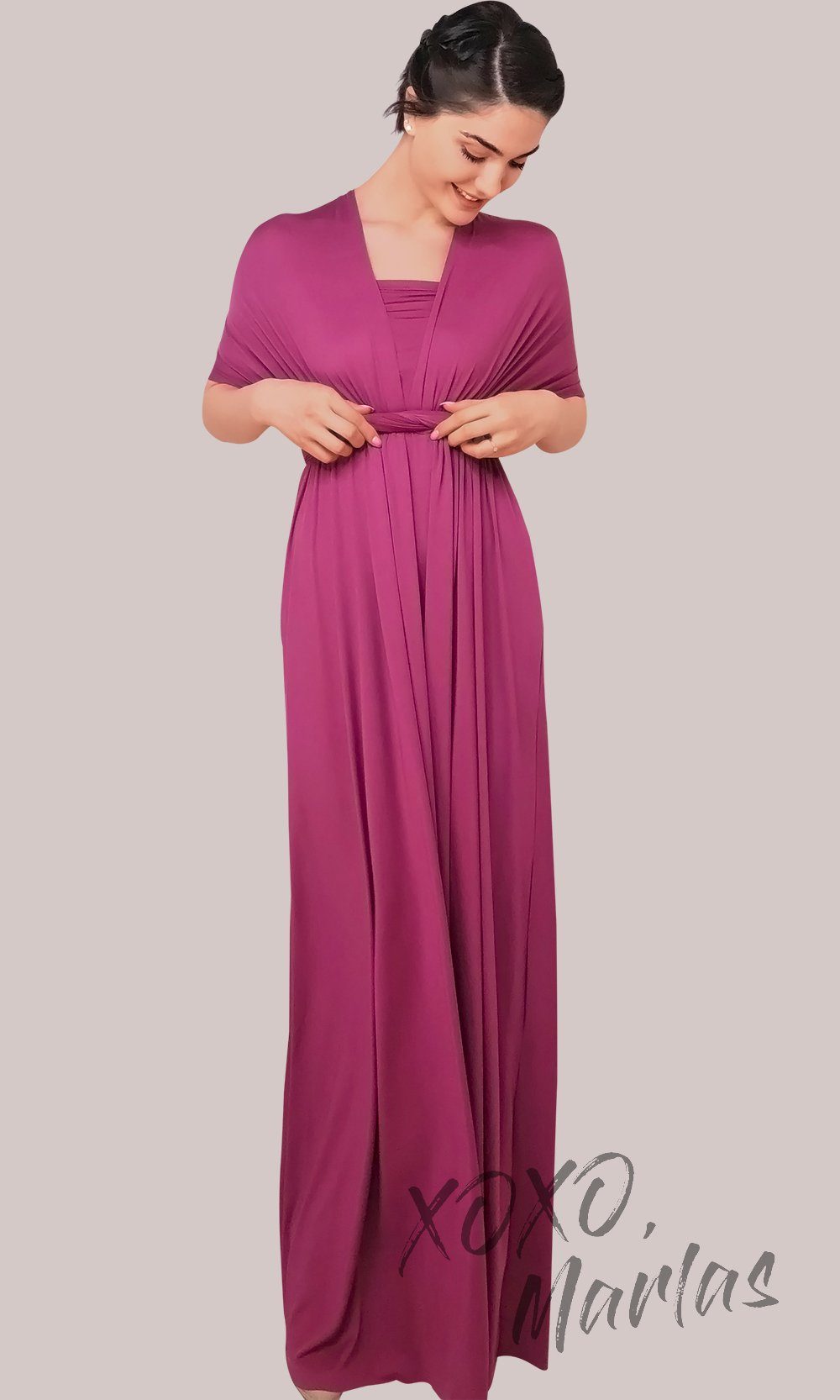 Long purple pink infinity bridesmaid dress or multiway dress or convertible dress.One dress worn in multiple ways.This magenta one size dress is great for bridesmaid, prom, destination wedding, gala, cheap western party dress, cocktail, semi formal