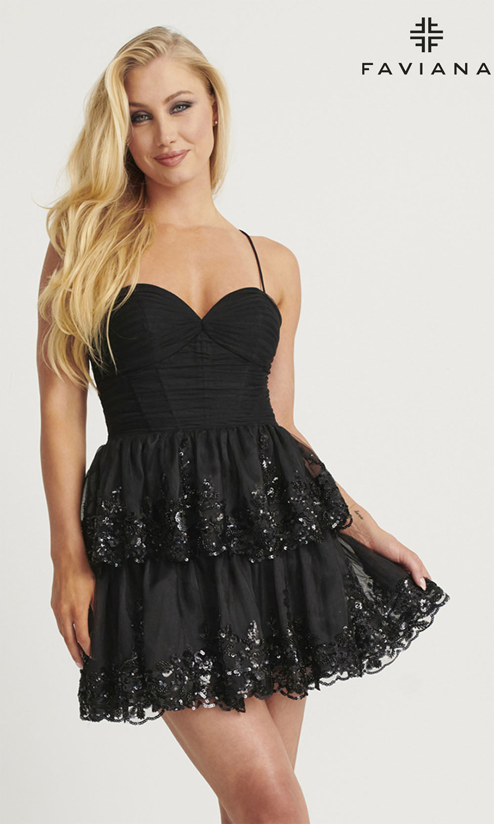Faviana 11121 black homecoming mini dress with floral appliqué beaded hem tiers and structured sweetheart neckline, a-line ruffle silhouette, front view, short semi-formal dance dress