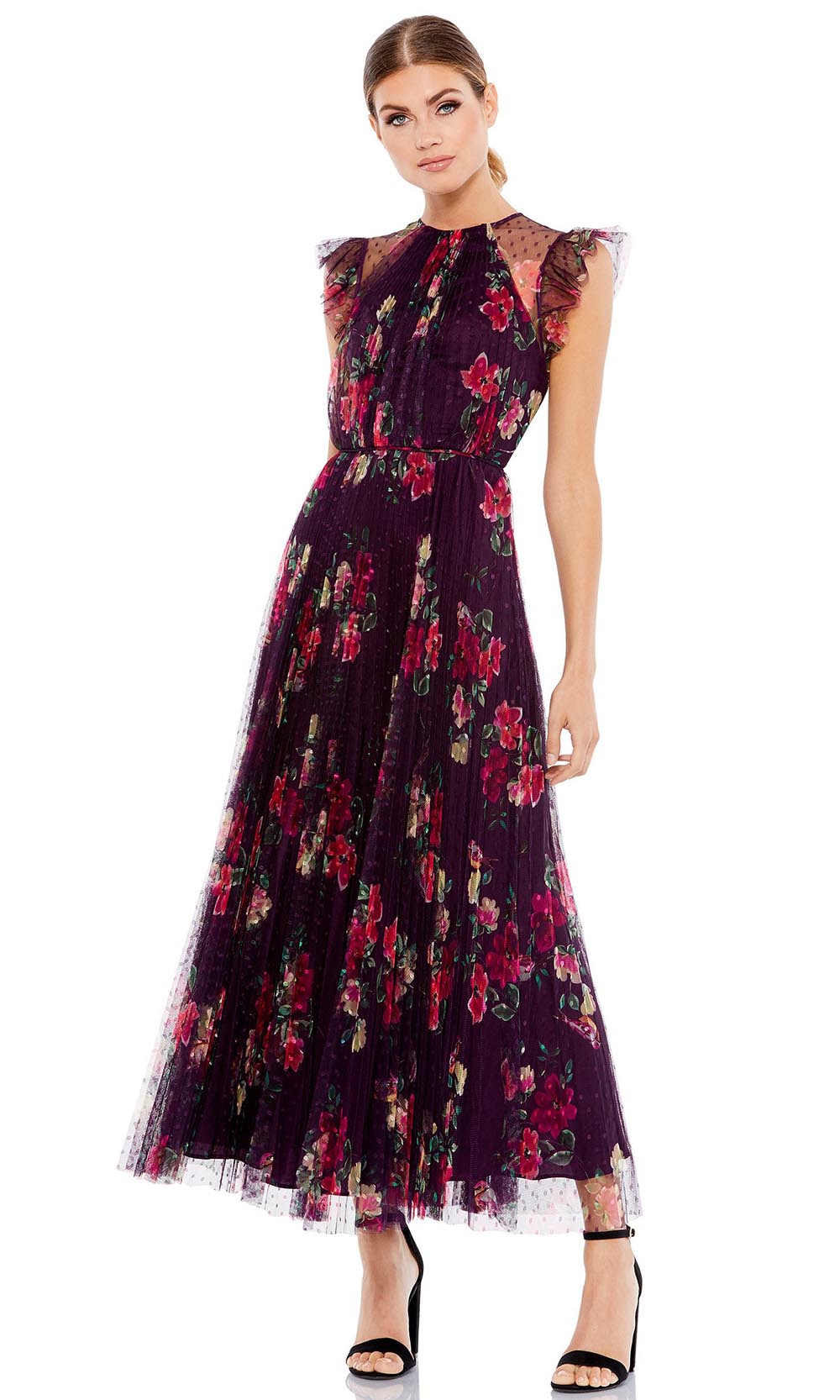 Ieena Duggal - 2143I Jewel Neck Floral Printed Dress In Purple