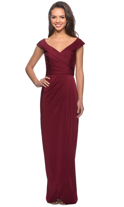 La Femme - 25206 Cap Sleeved Ruched Jersey Long Dress In Red