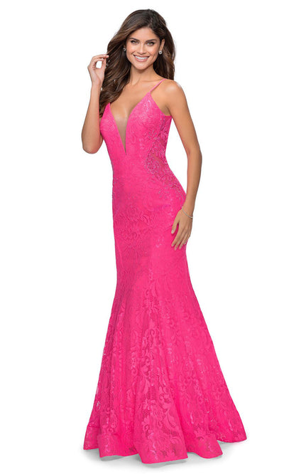 La Femme - 28355 Sparkly Lace Illusion Bodice Mermaid Gown In Pink