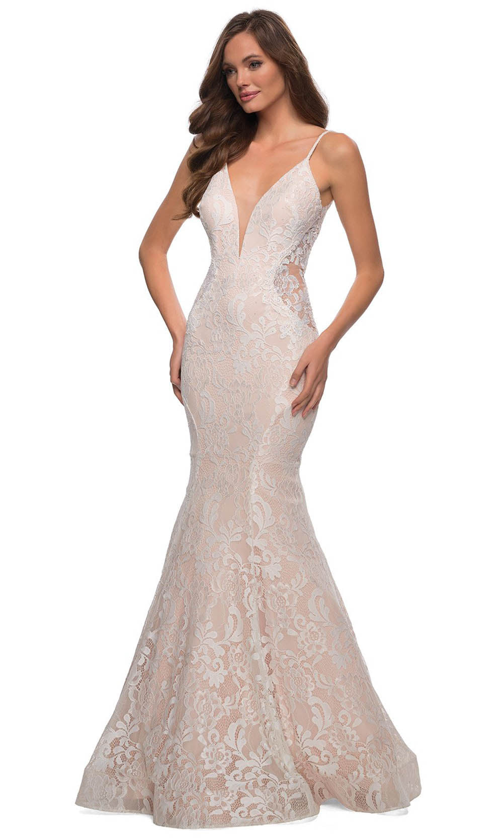 La Femme - 28355 Sparkly Lace Illusion Bodice Mermaid Gown In White & Ivory