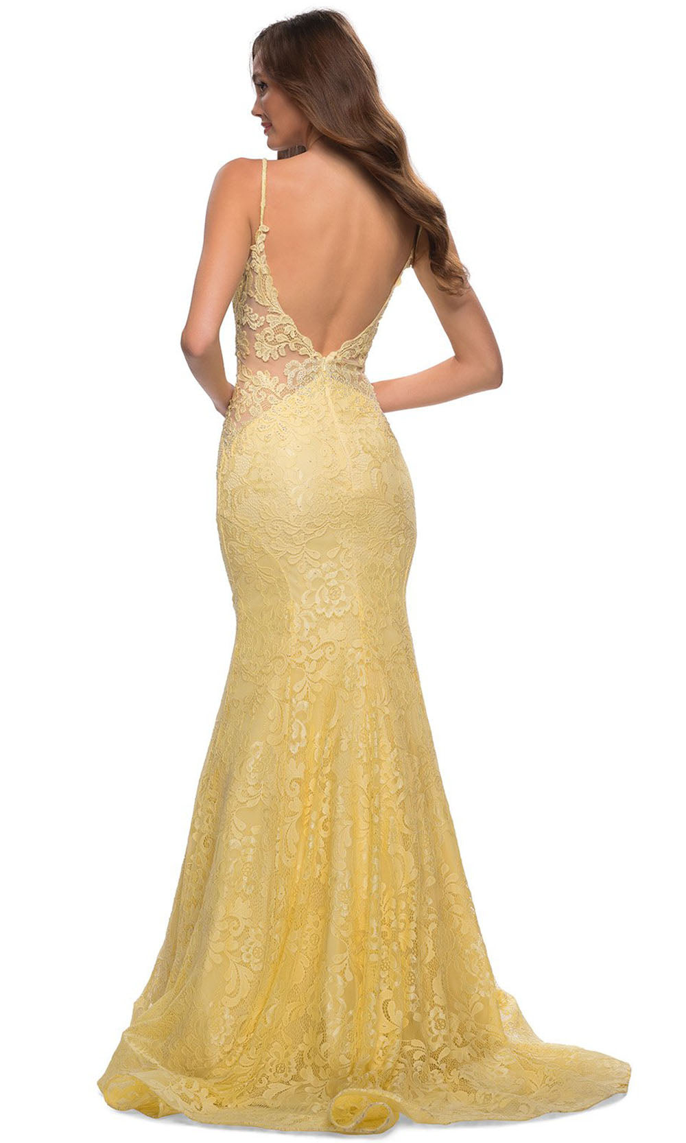 La Femme - 28355 Sparkly Lace Illusion Bodice Mermaid Gown In Yellow
