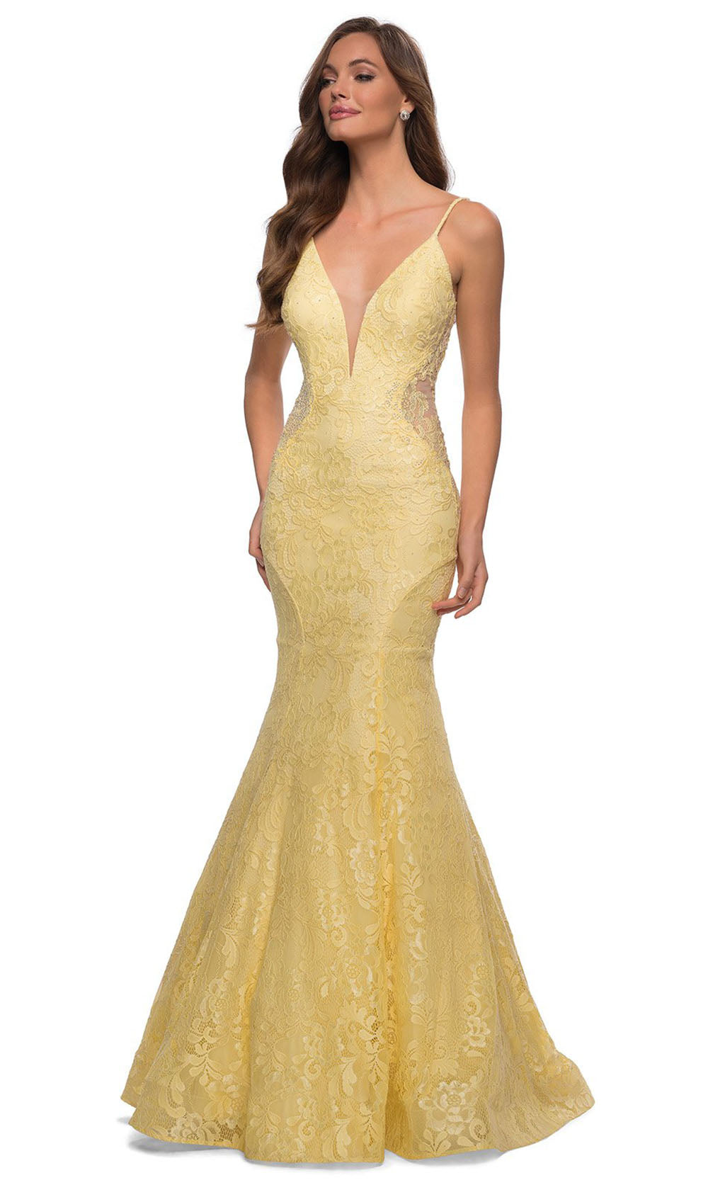 La Femme - 28355 Sparkly Lace Illusion Bodice Mermaid Gown In Yellow