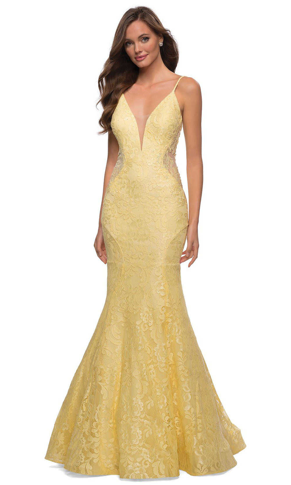 La Femme - 28355 Sparkly Lace Illusion Bodice Mermaid Gown In Yellow