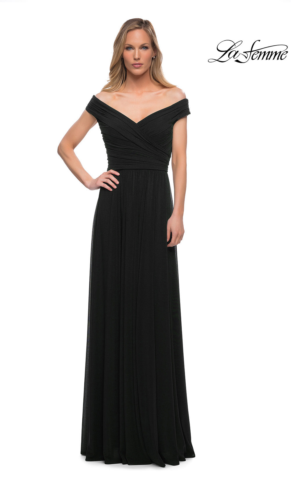 Black off-shoulder evening gown on a white background with 'La Femme' branding.