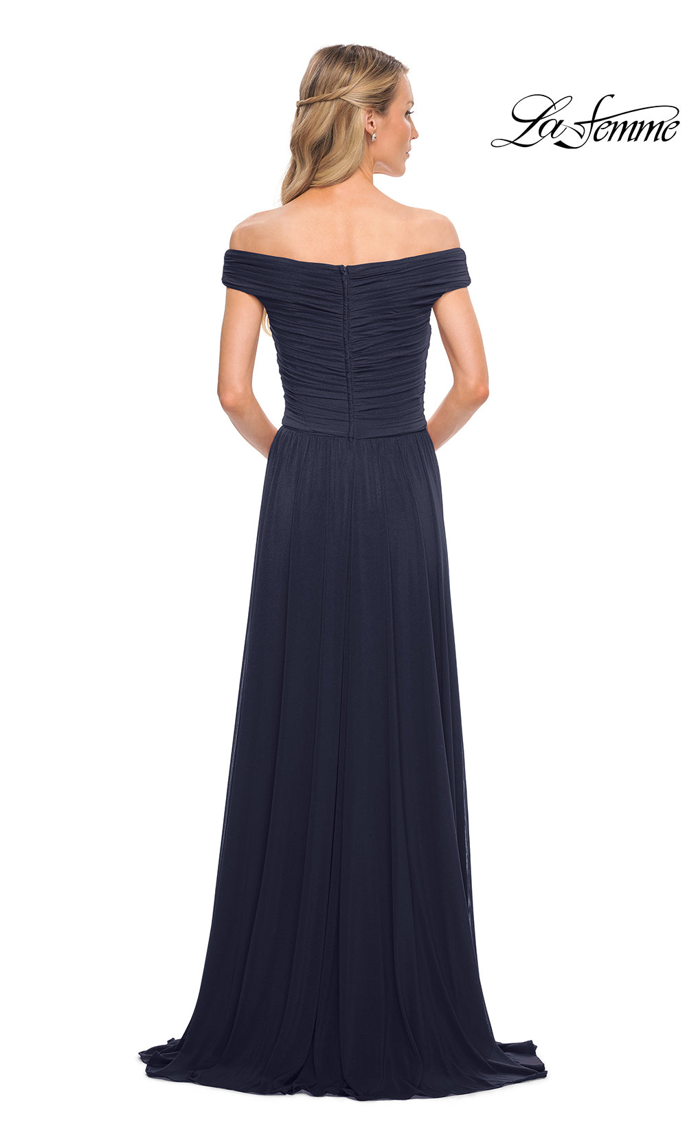 Navy off-shoulder evening gown on a white background with 'La Femme' branding.